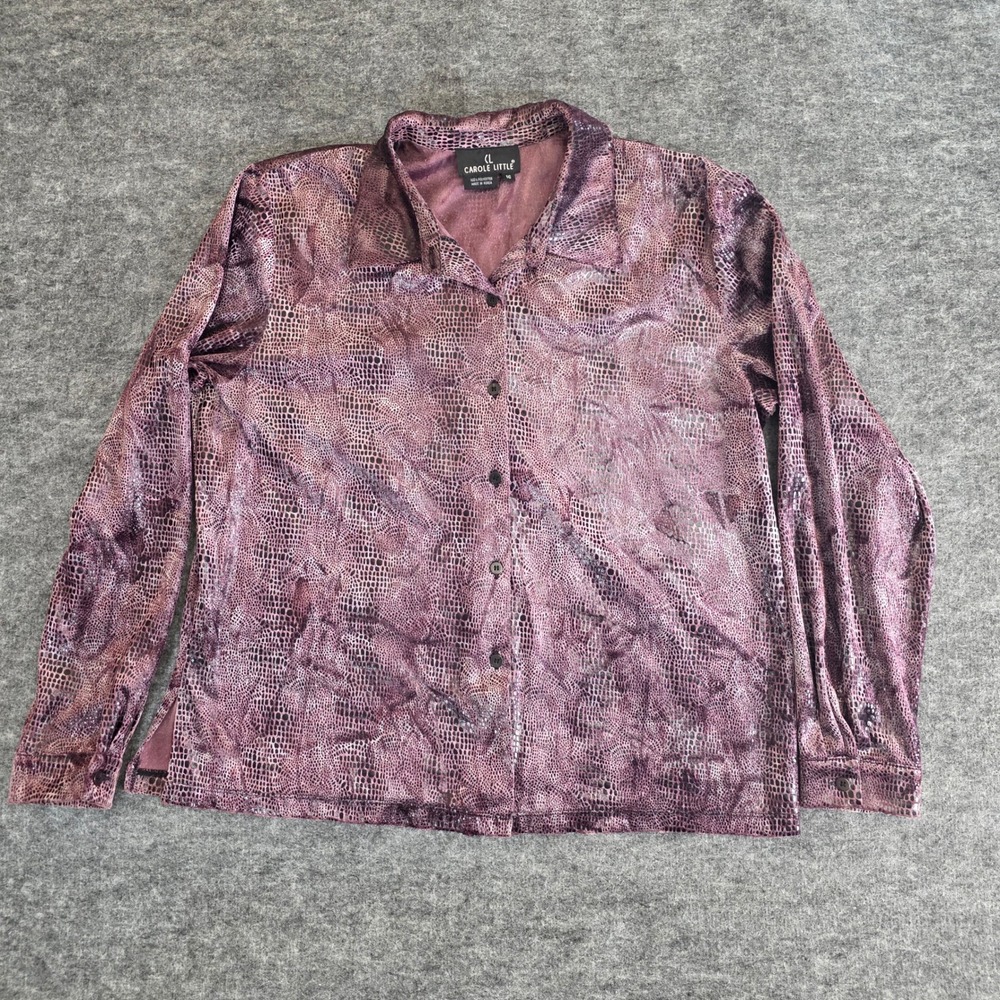 CAROLE LITTLE Shirt Womens Size 16 Purple Reptile Print Long Sleeve Button Up